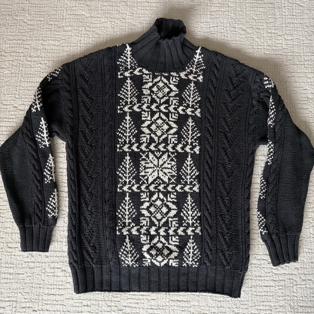 Nautica - Hand-Knit Nordic Men's Chunky Cable Sweater XL 100% Cotton Fair Isle